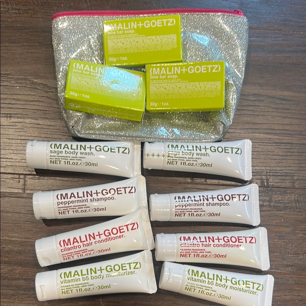 (Malin + Goetz) travel size bath items.